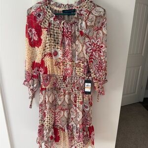 Tommy Hilfiger Red and Cream Patterned Long Sleeve Dress
